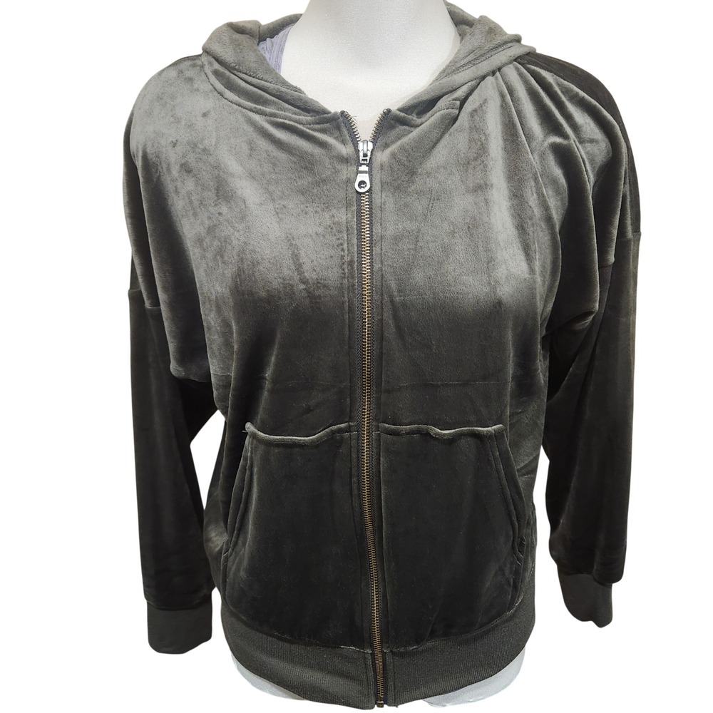 Black Bow Womens Velour Full Zip Hoodie Olive Green‎ Velvet Sweatshirt Size m